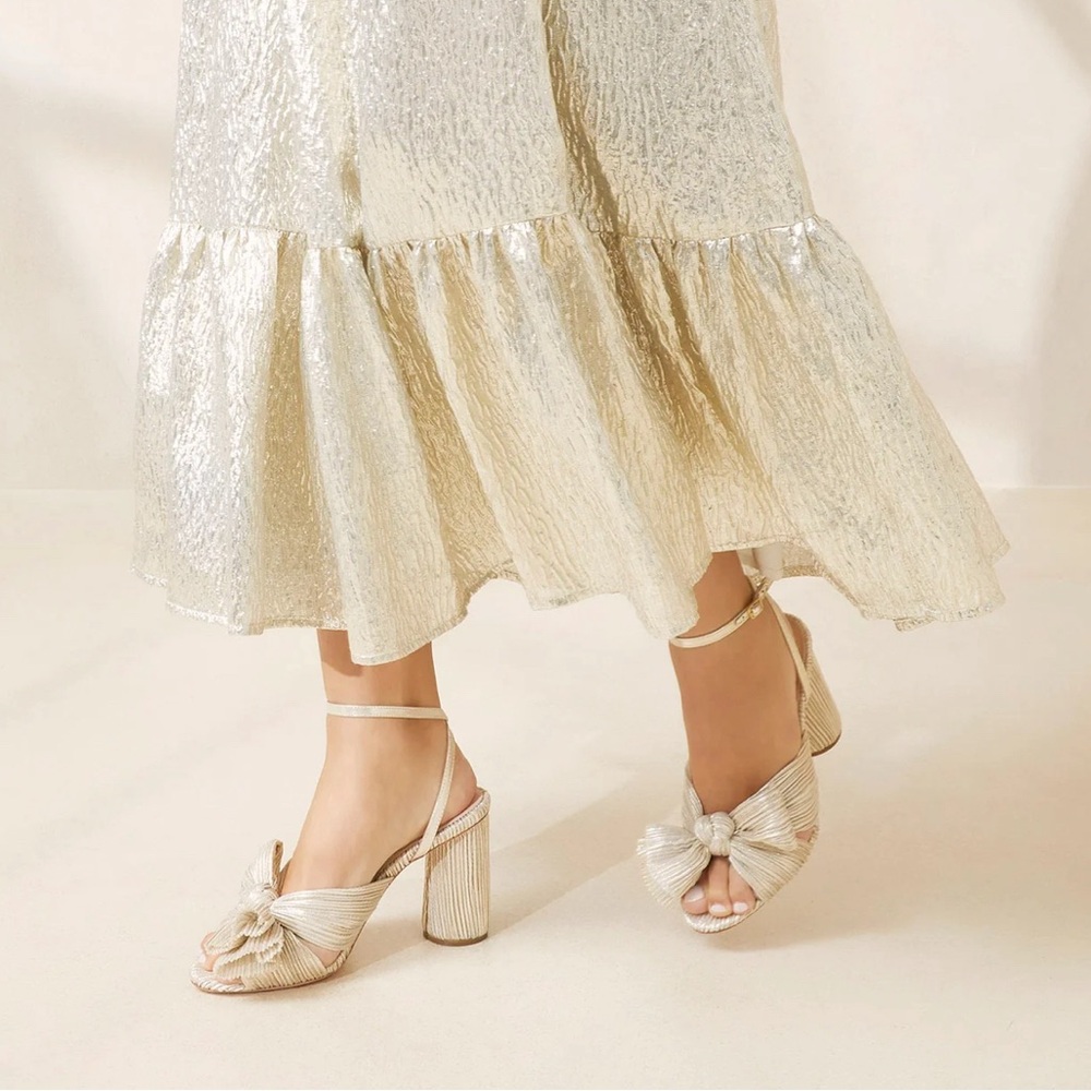 Loeffler Randall Camellia. Pleated Bow Heel in Platinum.  New in box.